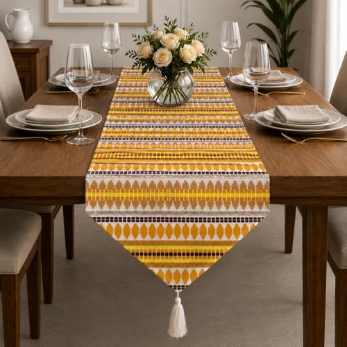 Image of STITCHNEST Woven Table Runner 13x60 Inches | Mustard Yellow Geometric Design | Tassel Finish | Modern Dining Table Decor