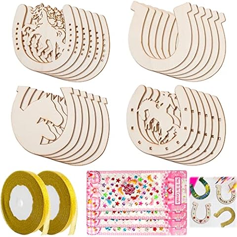 24 PCS Wooden Horseshoe Craft Blank Horseshoe Wooden Discs Wooden Horseshoe Shaped Slices Embellishments with 2 PCS Golden Ribbon and 4 PCS Rhinestone Stickers for DIY Crafts Decoration Cover
