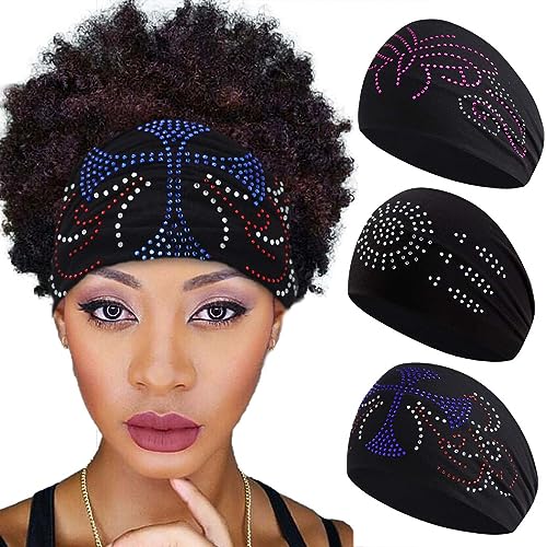 Aceorna Wide Rhinestones Headbands Stretch Hiking Hairbands Black Turban Head Bands Sport Workout Hair Bands Biker Head Wraps for Women 3 Pcs (Type C)
