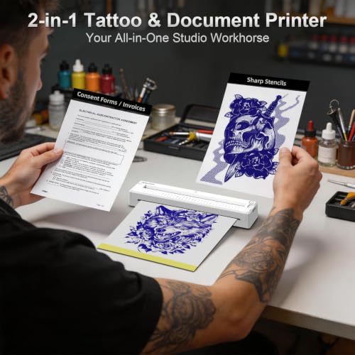 Image of Thermal Tattoo Stencil Printer Machine Bluetooth Portable Wireless | 2-IN-1 Tattoo Transfer Printer for Stencils & Paperwork, Rechargeable Bluetooth Design for Tattoo Artists & Beginners