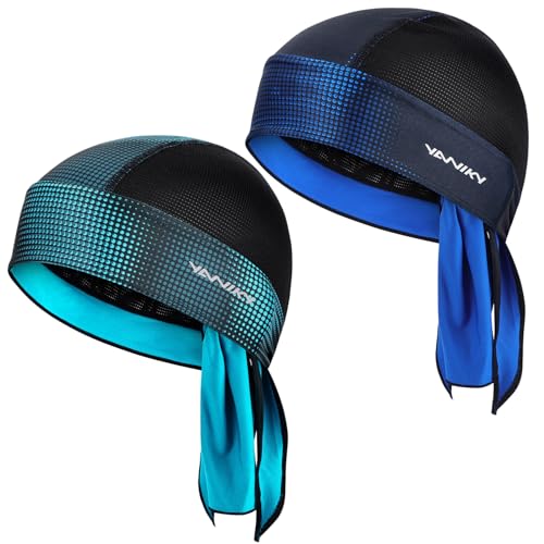 YANIKY Bandanas Skull Caps for Men, Women Skull Cap Helmet Liner, Summer Cycling Hat, Durags for Men, Motorcycle Bandana Sweat Wicking Dew Rags for Sport Travel Running Fitness (Blue+Bluegreen)