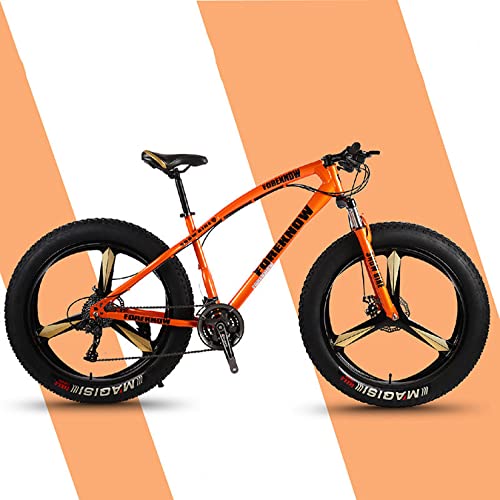 WLWLEO 26 Inch Fat Tire Mountain Bikes Bicycle Beach Snow Anti-Slip Bike, High-Carbon Steel Frame, Dual Disc Brake System, Urban Offroad Bicycles for Adults Mens Womens,Orange,24speed