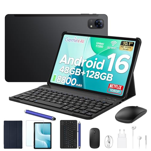 POPUX P10 Pro Tablette 10 Pouces, Tablette Android 16 avec 120Hz Display, 48Go+128Go/2To, T7250 Octa-Coeur, 8800mAh, Widevine L1, Gemini AI, 13MP+5MP, Tablette avec Clavier, Stylet, Noir