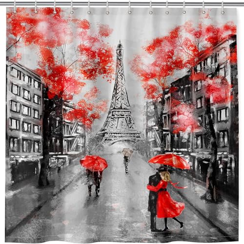 ANHOPE Paris Stadt Eiffelturm Duschvorhänge Anti-schimmel Wasserdicht Shower Curtains Polyester Stoff 180 x 180 cm Duschvorhang Waschbar Bad Vorhang für Badzimmer mit 12 Haken