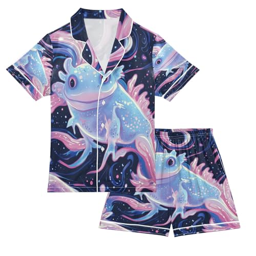 Satin Pajama Sets Short Sleeve Starry Axolotl Dreamy Swirls Button Down Silky Nightwear 2 Piece PJS 5-14Y