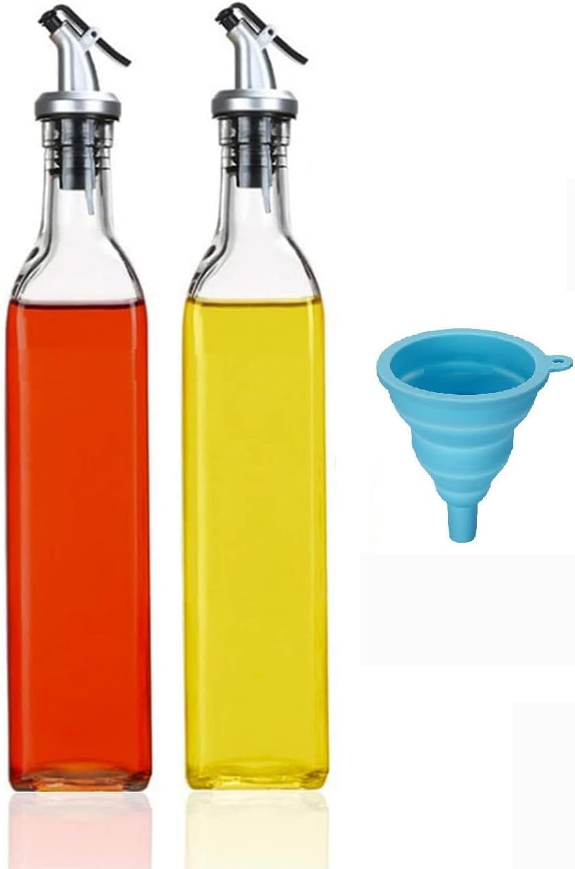 500 ml Glass Oil Dispenser Bottle with Spout; Leak-proof Design with Silicone Funnel (Pack of 2 Oil Bottle +1 Funnel), Transparent
