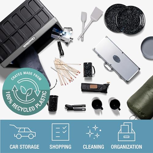 Image of CleverMade Collapsible Storage Bins with Lids, 46L, 3 Pack, Stone | Each bin supports 75 lb and stacks with or without its lid. The lid stores underneath, and the crate folds to 2.5 inches.