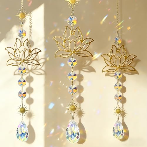 Lot de 3 attrape-soleil en forme de fleur de lotus avec prisme en cristal - Attrape-soleil en cristal pour décoration de fenêtre - Élégant lotus en laiton pour la maison, le bureau - Carillon éolien