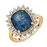 TJC Blue Opal Halo Ring for Women in 14ct Gold Plated 925 Sterling Silver Size R with Zircon