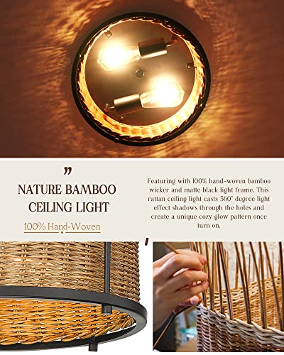 Yklitg Boho Flush Mount Ceiling Light, Hand-Woven Rattan Light Fixtures Ceiling Mount, 12Inch 2 Light Rustic Bamboo Wicker Rattan Chandelier For Hallway Bedroom Kitchen Foyer Entryway, Xdd010-2-Bk #TOP1