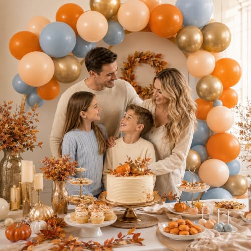 Image of Burnt Orange and Blue Fall Balloons, Retro Dusty Blue Orange Nude Balloon | Metallic Light Gold Thanksgiving Balloons for Boho Autumn Harvest Market Baby Shower Here Comes the Son Party Decorations