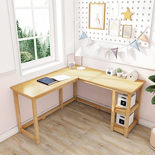 Max & Lily L Shaped Desk, Corner Desk for Home Office, Gaming, Computer with Storage Shelves, 55 x 55 Inches, Natural