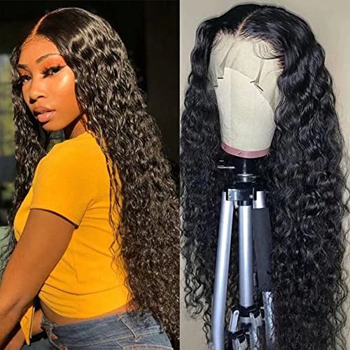 Maxine Water Wave Human Hair Lace Front Wigs 10A Virgin Hair 13x6 Transparent Lace Front Wig Brazilian Water Wave Hair 150% Denisity for Women Natural Black with Adjustable Straps 16inch