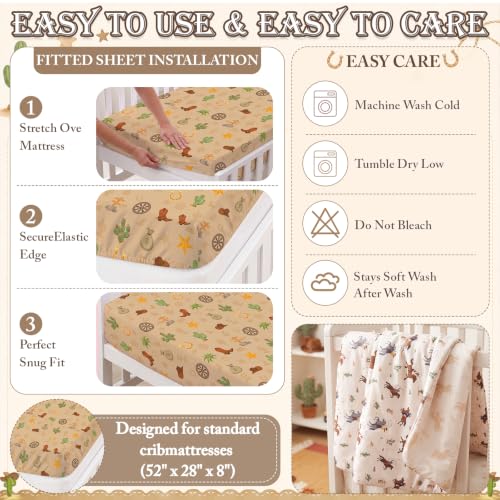 Image of Hahafelt 4 Pieces Crib Bedding Set for Girls and Boys, Soft Baby Bedding Set Including Crib Skirt, Comforter, Sheet and Diaper Stacker for Nursery(Western Cowboy)