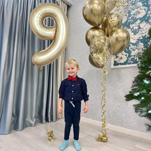 Image of Light Gold Purple Number 9 Balloon, 40 Inch Metallic Gold Foil Number Balloons Set 0-9 for Boys Men, Globos de Numero 9 Helium Balloon for 9th Age Girls Birthday Anniversary Party Decorations Supplies