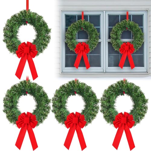 Janinka 6 Pcs Christmas Wreath for Windows 11.8 Inch Christmas Window Decorations Cabinet Wreaths with Red Bow Greenery Artificial Hanging Garlands for Fireplaces Window Home (Pine)