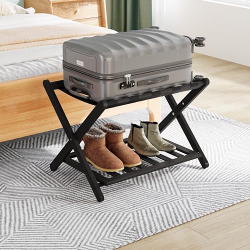 Smuxee Bamboo Foldable Luggage Rack with Shelf, Black