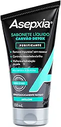 Asepxia Sabonete Líquido Carvão Detox Purificante Para Pele Mista A Oleosa, Remove Impurezas Sem Ressecar, Melhora Hidratação Da Pele, Gel De Limpeza Facial 150Ml, 1 Pack