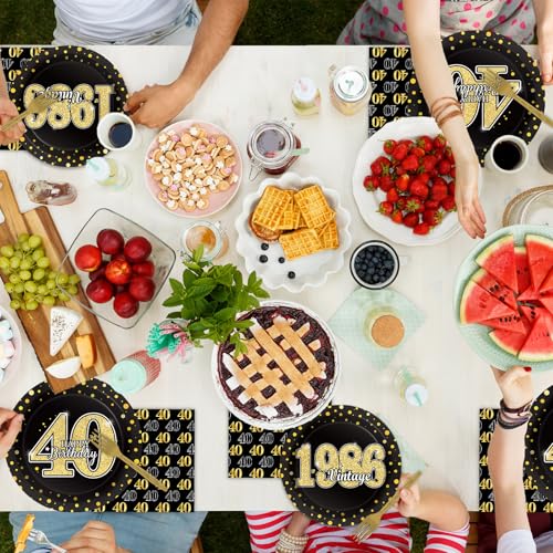 Image of 40th Theme Bithday Party Tableware Vintage 1986 Party Supplies 40 Year Old Birthday Decorations Plates Napkins Forks Black and Gold Dinnerware Favors for Men or Women