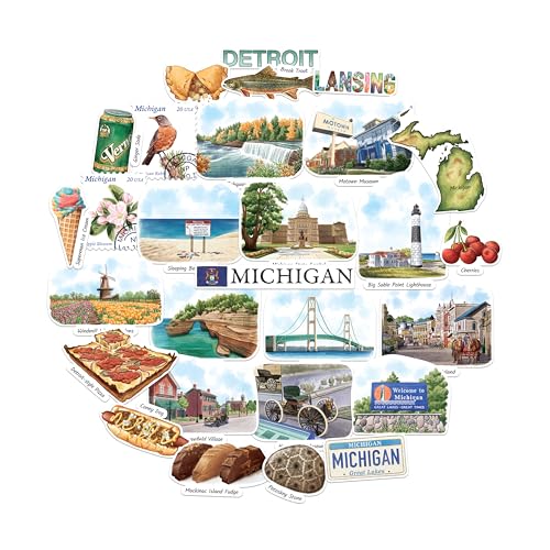 Navy Peony Mighty Michigan Travel Stickers - Hand-Painted Watercolor Matte Die-Cut - for Journals Scrapbooks (28 Pcs)