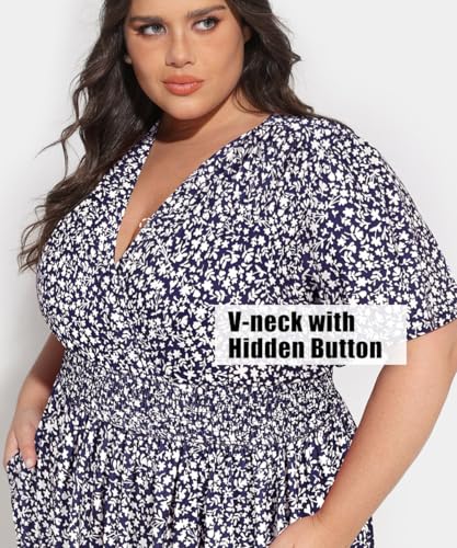 Image of CARCOS Plus Size Dresses for Curvy Women V Neck Summer Maxi Dress Short Sleeve Floral Boho Dress Smocked Waist Beach Dress