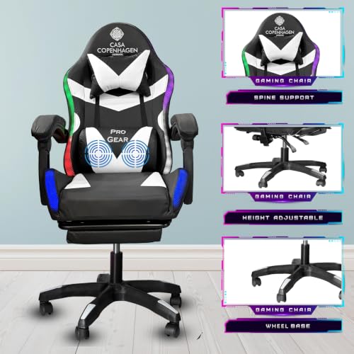 Image of Casa Copenhagen Designed in Denmark,High-Back Italian Leather Gaming Ergonomic Chair with Advanced Mechanism with LED Light & Electric Back Massager, Memory Foam Seating - White & Black
