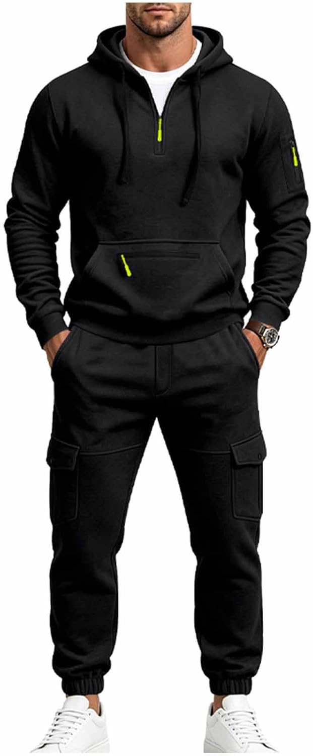 Men's Tactical Half Zip Hoodie Set Cargo Pocket Utility Sweatsuit
