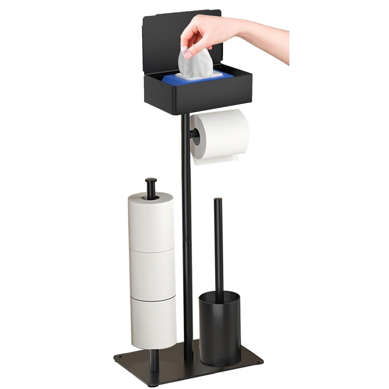 Portarrollos de Papel Higiénico de Pie, GUIGUZI Negro Acero Inoxidable Soporte para Papel Higiénico y Escobilla con Caja de toallitas húmedas, Escobilla y Portarrollos de Papel Higiénico
