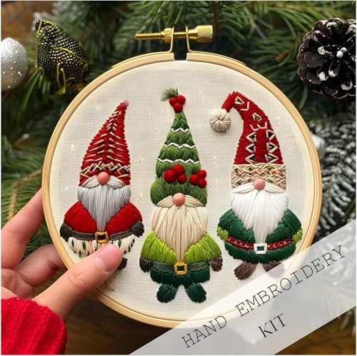 Image of UQRUI Christmas Embroidery Kits for Adults BeginnersEmbroidery Patterns, Ornament Embroidery Kit,Cross Stitch Kits (gnome A)