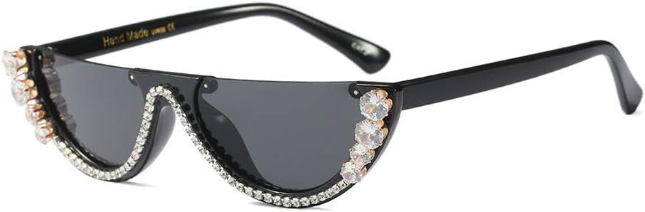 Semi Rimeless Sunglasses Half Round Vintage Retro Clout Goggles (Bling Black, 50)