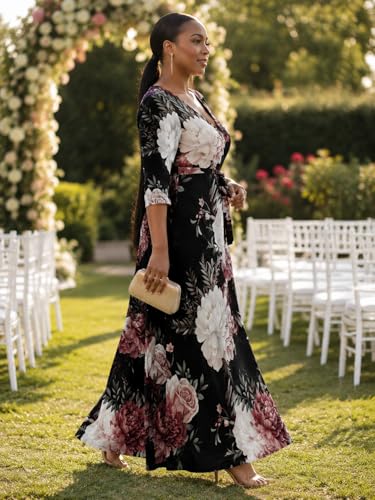Image of SUZONANA Plus Size Dresses for Women Floral Print Maxi Dress Flowy 3 /4 Sleeve with Belt