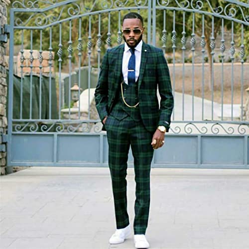Men Green Plaid Blazer Vintage Checkered Prom Party Tuxedo Groomsman Wedding 3 Pieces Suit Jacket Pants Vest2