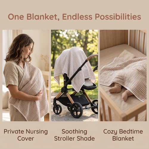 Image of 6-Layer Cotton Muslin Baby Blanket 43x43 inch Swaddles Coffee Striped
