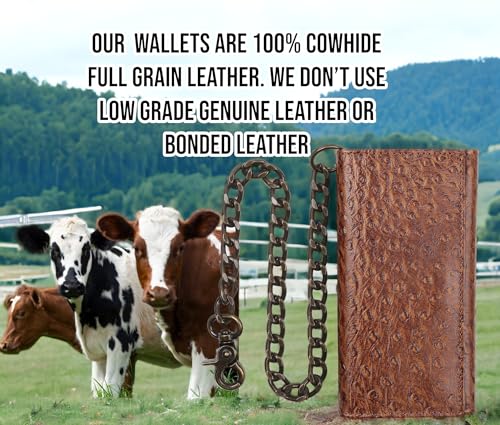 Image of F&L CLASSIC RFID Blocking Mens Tri-fold Long Style buffalo crazy horse Leather Steel Chain Wallet,ostrich print brown,212-51