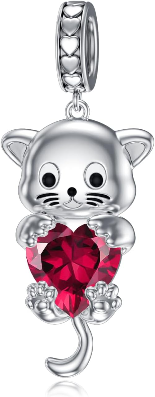 LONAGO Cat Charm with Birthstone Silver Cat Birthstone Bead Charm Gift for Women