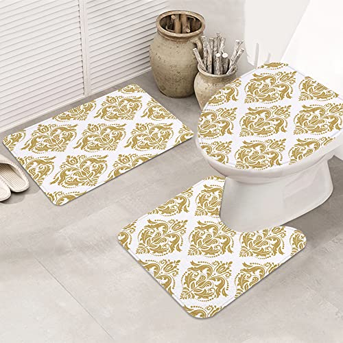 Badematte Badvorleger Set 3-tlg. Teppich, Gold und Weiß, barockes viktorianisches antikes Design mit floralen Strudelpun…