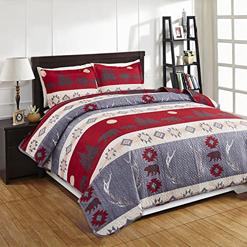 Rustic Bedspread Twin Size, 3Pcs Lodge Cabin Quilt Set Red Black Bear Bedspreads Coverlet Sets Reversible Wildlife Animal Printed Quilts Lightweight Bedcover Sunset Bed Cover Country Decor(68"X 86") #TOP1