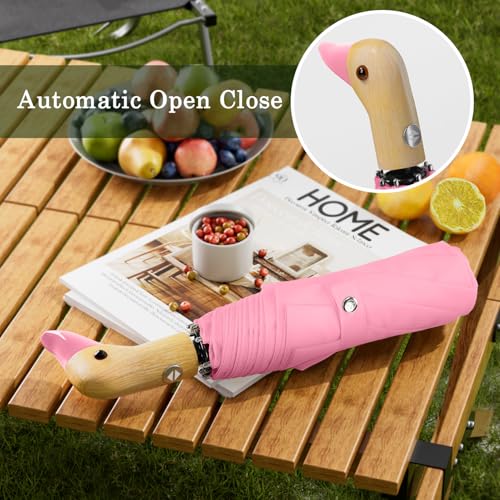 Natuquebrela Small Travel Umbrella Folding - Wood Duck Head Collapsible Umbrellas for Rain Strong Automatic Parasol Duck Gifts Cute Umbrella for Women Mens