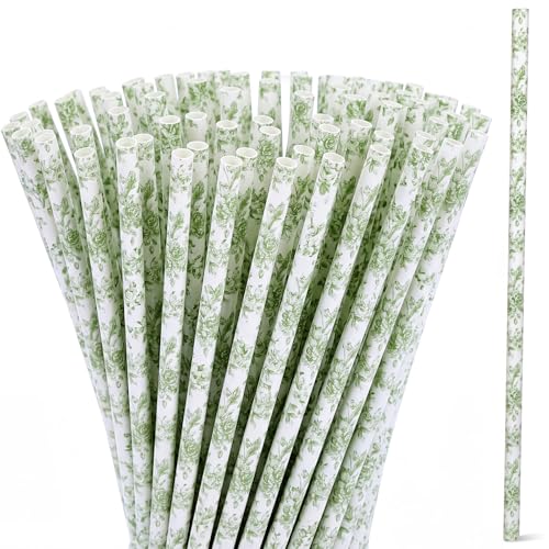Honeydak 50 Pieces Reusable Straws Bulk 9" Hard Plastic Drinking Straws for Beverage Cocktail Mason Jar Tumbler Birthday Wedding Tea Party Supplies (Green and White Floral)