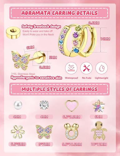 Adramata 10 Paar Chirurgenstahl Ohrringe Mädchen 14K Vergoldete/Silber Hypoallergene Ohrringe Kinder Creolen Flatback Ohrstecker Kleine Ohrring Set Herz Blume Zirkonia Schmetterling Ohrring