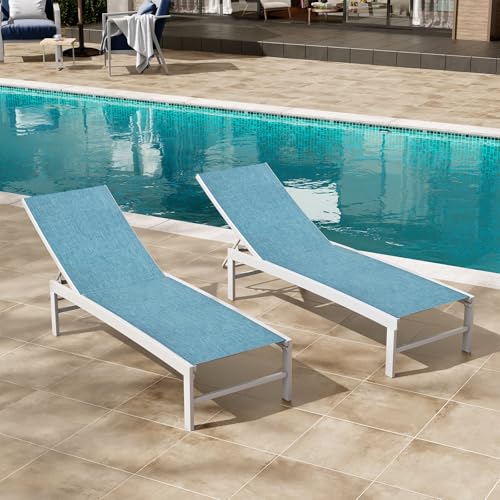 Crestlive Products Juego de 2 tumbonas para exteriores, sillas de aluminio para piscina, reclinables ajustables de cinco posiciones, para todo tipo de clima, para patio, playa, patio, piscina (azul)