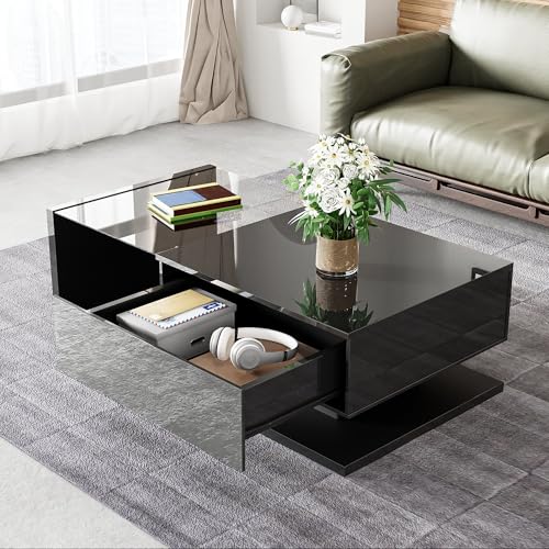 Goldicoo Table basse noire brillante avec éclairage LED, verre trempé, 105 x 55 x 32,5 cm, panneau de particules, compartiment de rangement, moderne