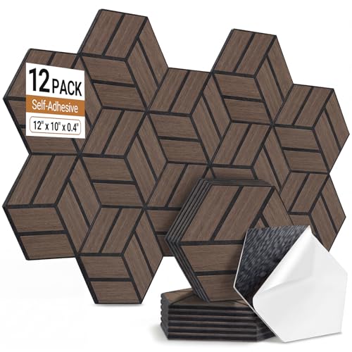 Image of AUSLET 12 Pack Hexagon Acoustic Panels Self-Adhesive, High Density Sound Absorbing Panels for Walls, Soundproofing Foam Panels for Studio, Home Office, Gaming Room, Recording Room（Walnut）