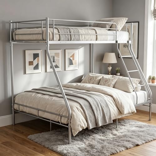 Panana Triple Bunk Bed 3FT Single 4FT6 Double Metal Bed Frame with Ladder & Safety Guardrail for Kids Teens & Adults (Silver)