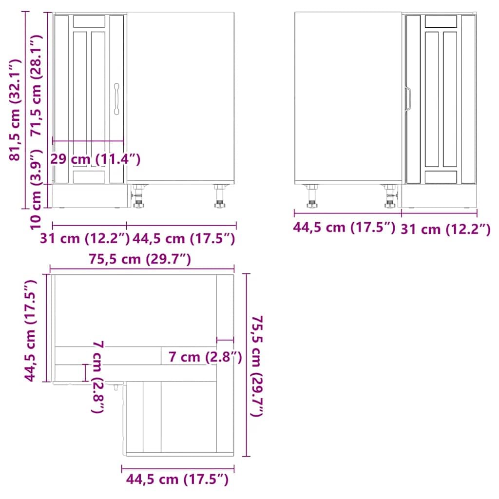 Lucca - Mobiletto angolare da cucina in legno bianco lucido, 75,5 x 75,5 x 81,5 cm, con piedini regolabili, spazio per cucina e sala da pranzo, autoportante, salvaspazio