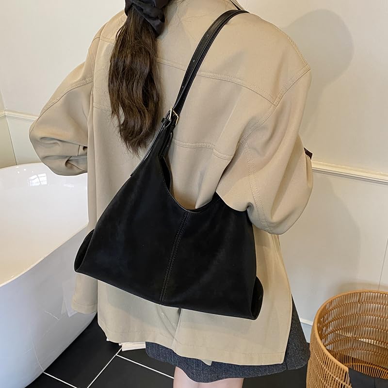 Retro Suede Shoulder Bag PU Slouchy Shoulder Bag Solid Colour Tote Handbag Large for Women Work Everyday2