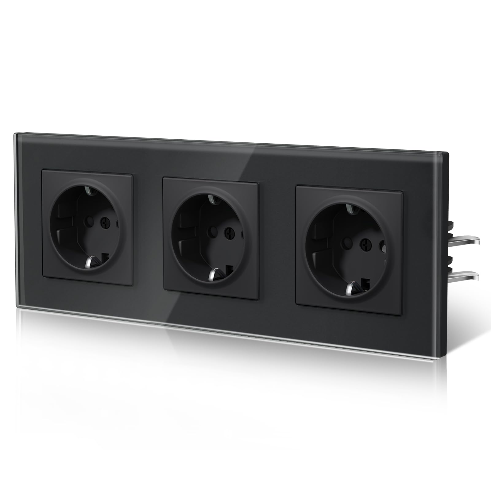 BSEED Steckdose aus Glas, EU-Standard Wandsteckdose mit Krallen, Einbausteckdose mit Kindersicherung, Einfach Montage, Neu E-Serie, 16A 250V,3 Fach,228mm Schwarz