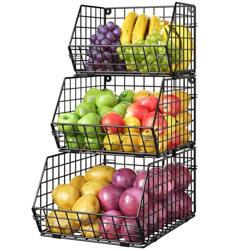 X-cosrack 3-Tier Stackable Wire Baskets for Counter, Fruit and Vegetable Storage, Potato and Onion Storage Bin，Kitchen Pantry Organizer - Wall Basket for Produce/Snack/Can, Black
