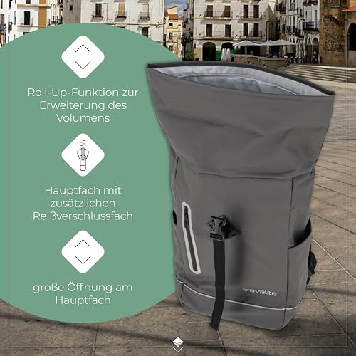 Travelite Rolltop Rucksack wasserfest, Fahrradrucksack, Freizeitrucksack mit Rolltop Verschluss & Reflektoren, BASICS, 48 cm, 19 Liter