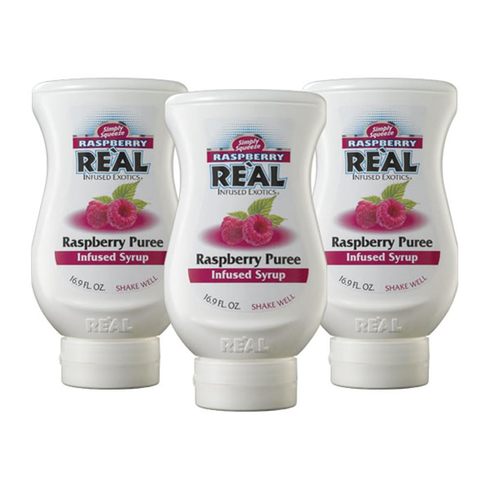 Raspberry Reàl Infused Exotics, Raspberry Puree Infused Syrup, 16.9 FL OZ Squeezable Bottle (Pack of 3)